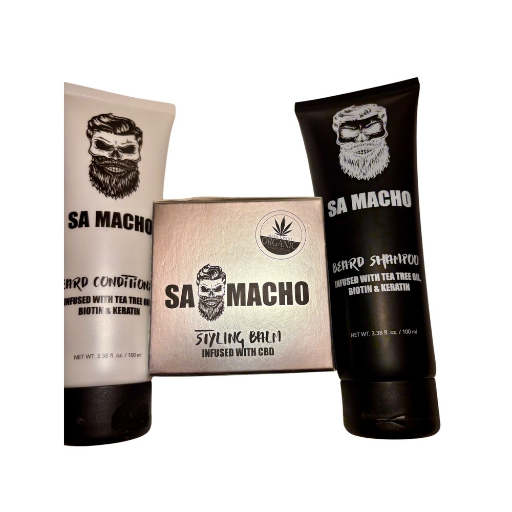 SA Macho Beard Care Set Shampoo Conditioner Tea Tree Biotin Keratin CBD Balm NEW